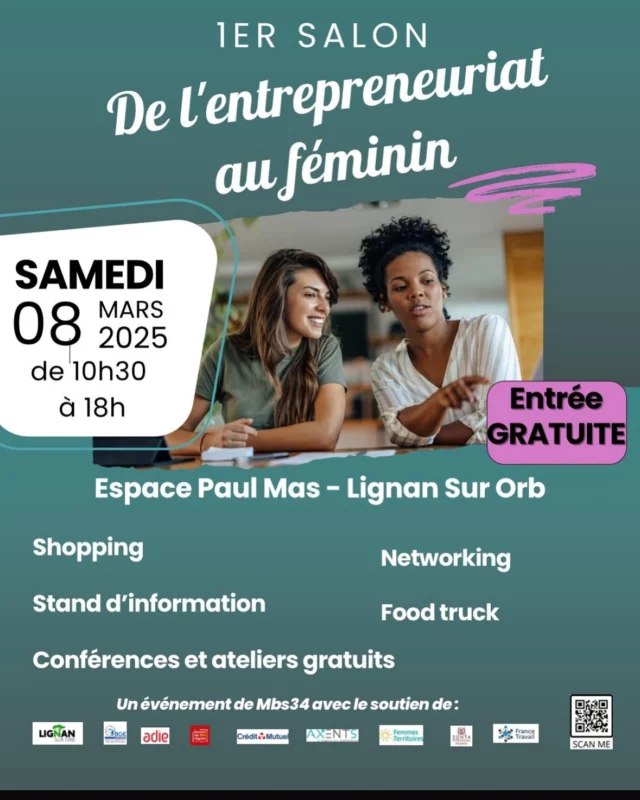 🌟✨ **Première Édition du Salon de l’Entrepreneuriat au Féminin !** ✨🌟

📅 **Quand ?** Ce samedi, 8 mars 2025 
🕙 **Heure :** 10h - 18h 
📍 **Lieu :** Espace Paul Mas à Lignan sur Orb

✨Rejoignez-nous pour une journée inspirante avec plus de 40 entrepreneuses ! 🎉🤝 

Avec la participation de France Travail, l’Adie, Axents et bien plus encore pour les Stands Information! 💪💼

👉 Participez à des ateliers et conférences enrichissantes et gratuites ! 

✨ J’aurai le plaisir de vous y accueillir toute la journée pour vos présenter mon nouveau thème de soirée à domicile avec spa… 

✨Venez nombreux(ses) partagez aimez et suivez @m.b.s_34 … 🫶

💝 Merci @m.b.s_34 pour cet événement.

🎟️ Entrée gratuite et ouverte à tout le monde ✨

N’hésitez pas à venir nous voir pour échanger et vous informer. 

Seul on va plus vite, ensemble on va plus loin ! 💖

✨ Belle journée des droits de la femme à toutes !✨

#EntrepreneuriatFéminin #JournéeDesDroitsDeLaFemme #Inspiration #Networking #lignansurorb #mbs34 #2ldivinementielle